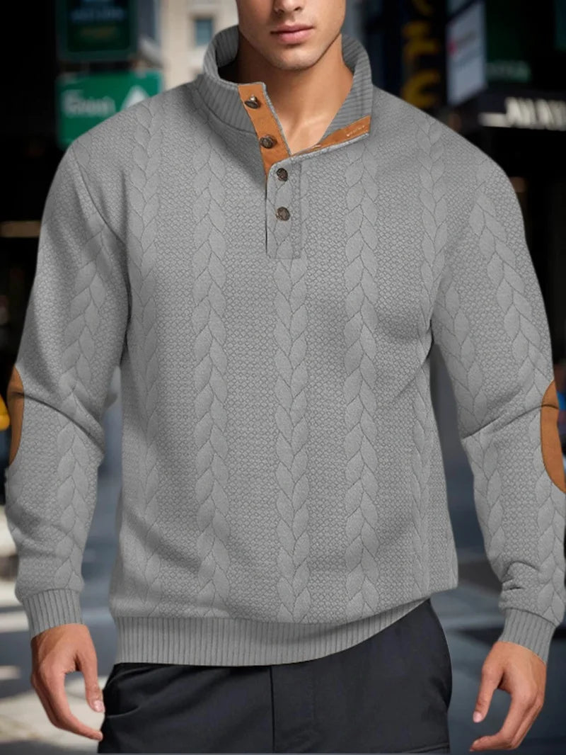 Men’s Knitted Jacquard Button Stand Collar Pullover Sweater – Warm Casual Sweatshirt