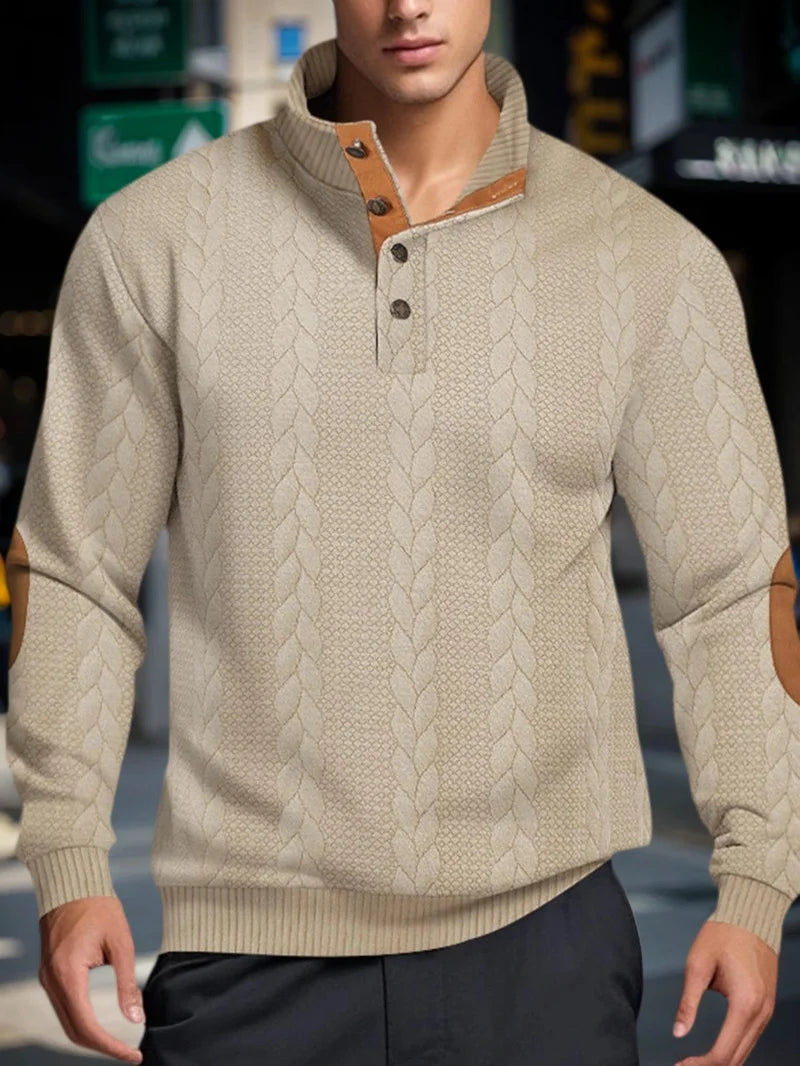 Men’s Knitted Jacquard Button Stand Collar Pullover Sweater – Warm Casual Sweatshirt