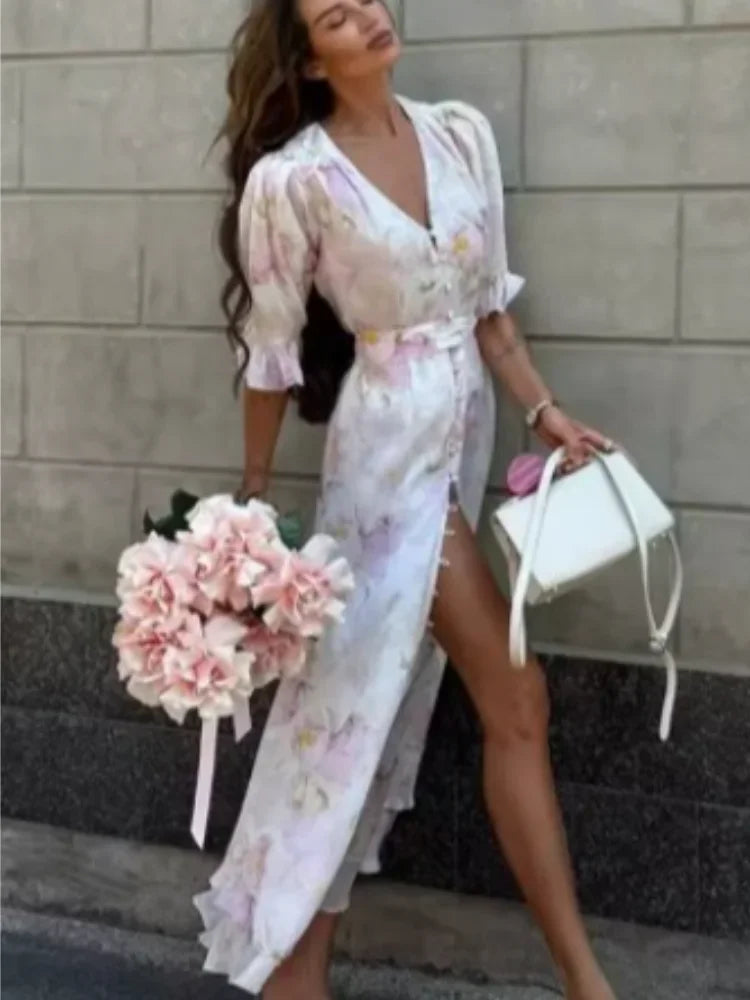 Flutter Sleeve Floral Maxi Dress – Deep V Neck Summer Holiday Dress