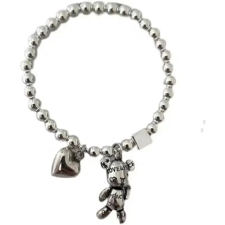 Stainless Steel Beaded Bear Pendant Bracelet for Women – Vintage Cute Party Jewelry