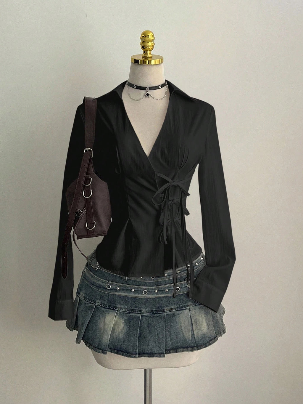 Side Strap V Neck Long Sleeve Pleated Top – Women’s Casual Shirt