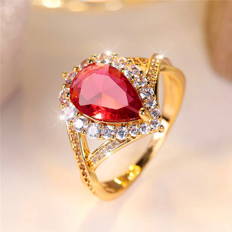 Luxury Red Water Drop Zircon Engagement Ring – Gold Bridal Wedding Jewelry for Women