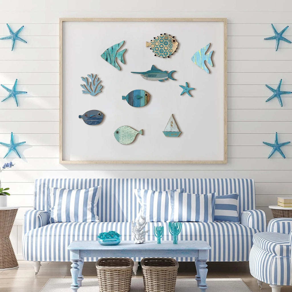 Handcrafted Wooden Ocean Wall Decor | Coastal Fish & Starfish Art Set
