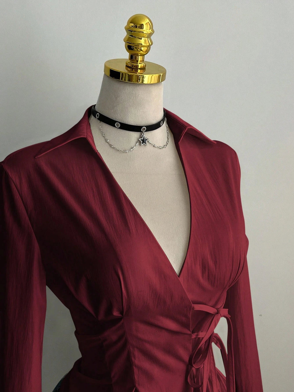 Side Strap V Neck Long Sleeve Pleated Top – Women’s Casual Shirt