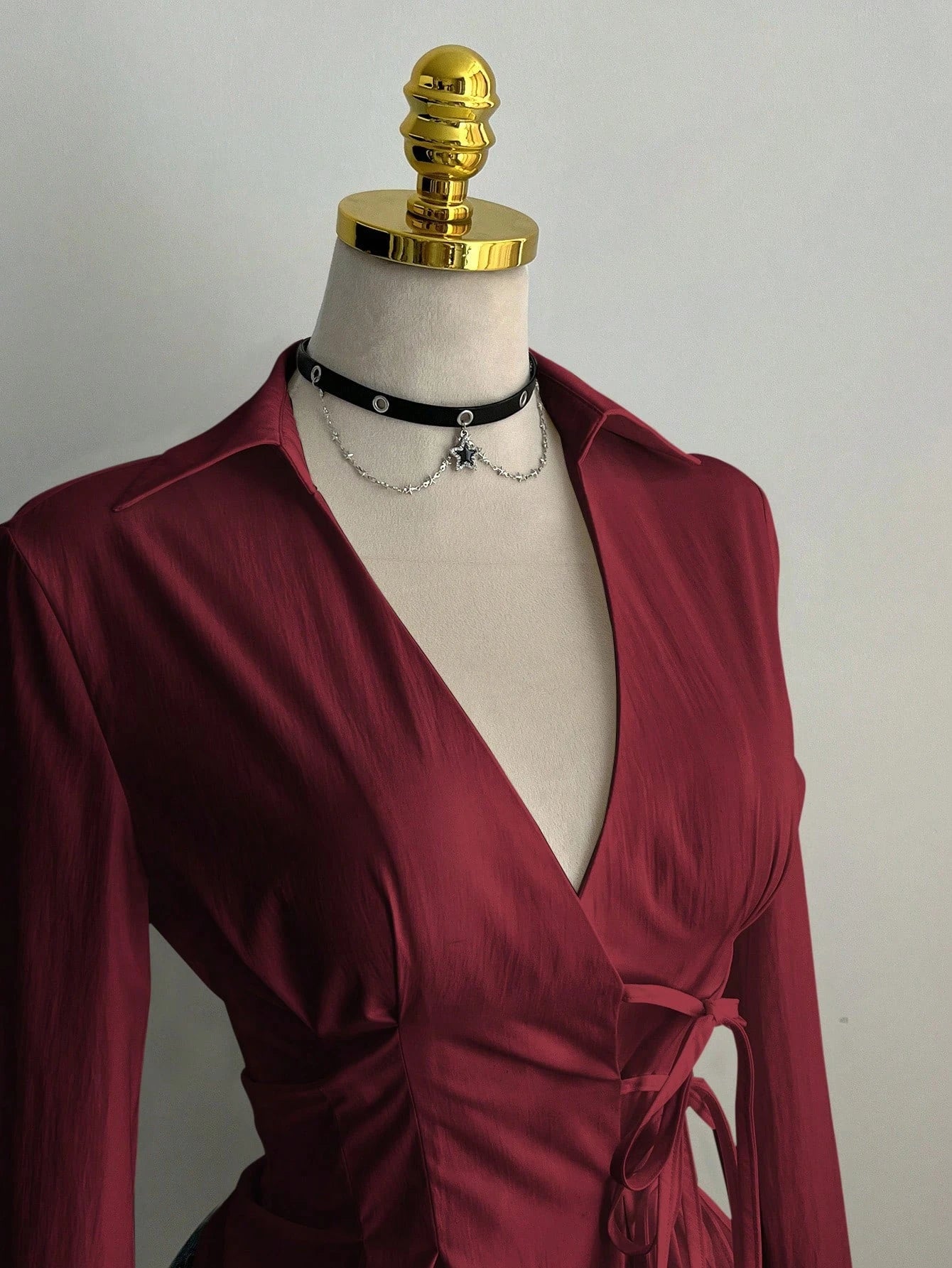 Side Strap V Neck Long Sleeve Pleated Top – Women’s Casual Shirt