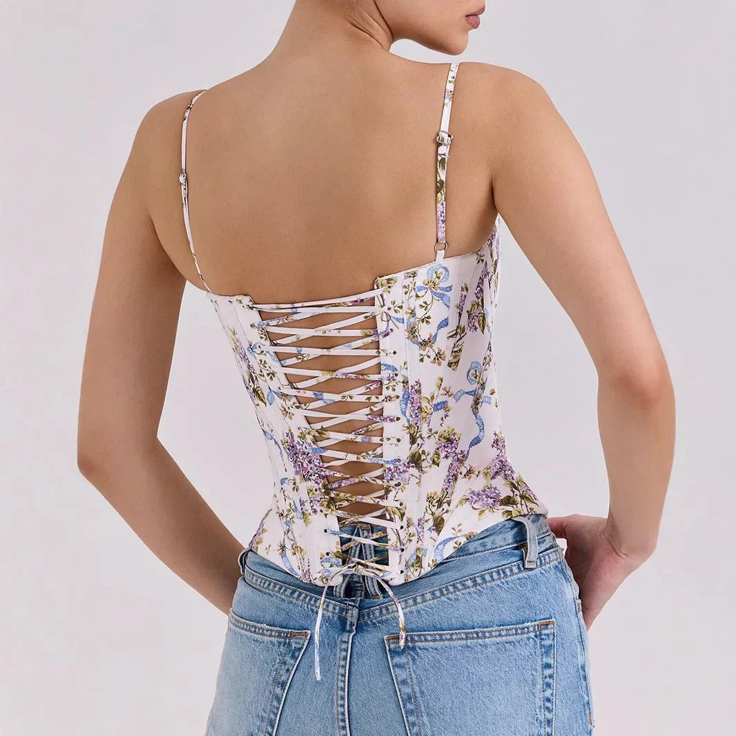 Floral Print Lace Up Corset Cami Top – Women’s Sexy Cropped Camisole