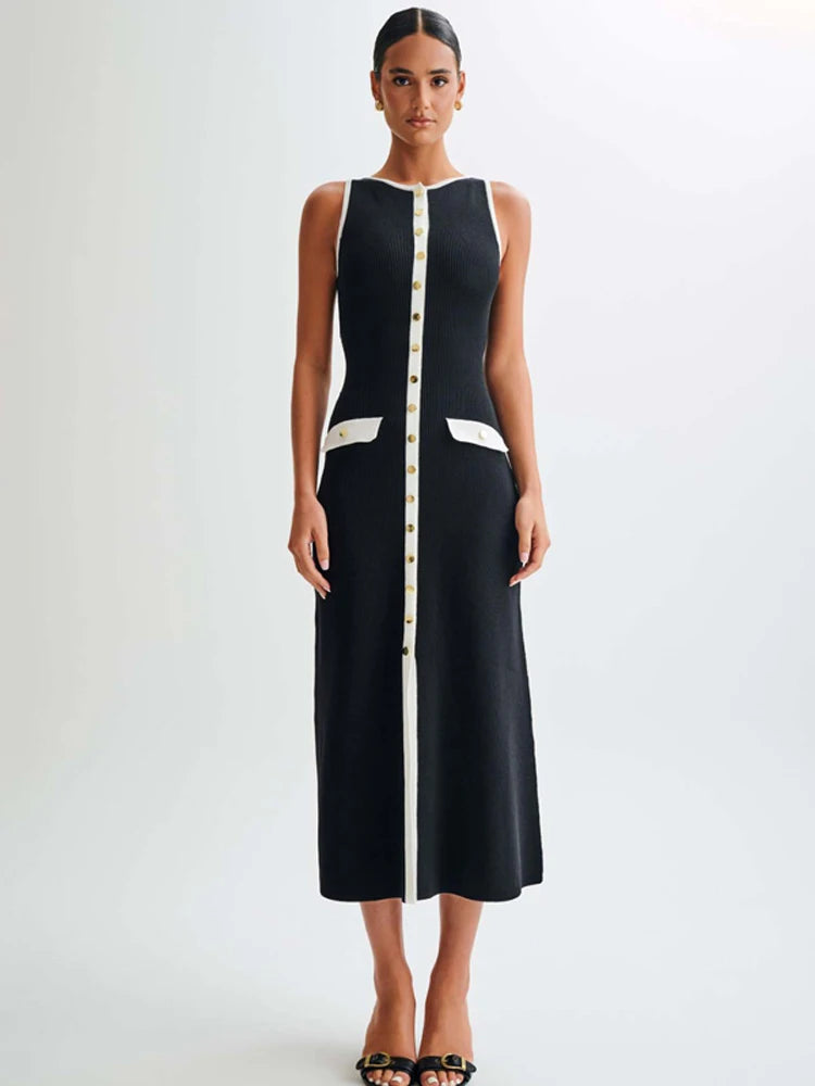 Ribbed Knit Sleeveless Button Maxi Dress | Slim Fit